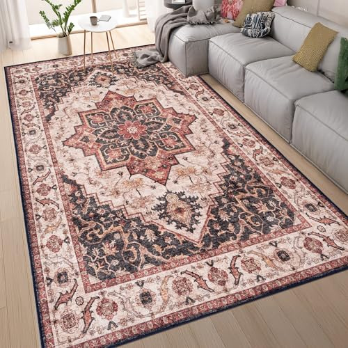 homeart Machine Washable Rug -%63 Cotton, Low Pile Carpet with Non Slip Backing - Non-Shedding Large Rugs for Living Room, Bedroom, Kitchen, Dining Room, Hallway - Elegance Brown Beige, 160x230 cm