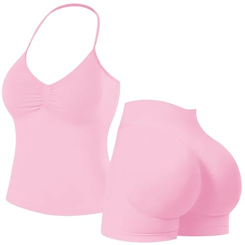 Set da palestra senza cuciture per le donne 2 pezzi Halter Crop Top reggiseni sportivi nascosti pantaloncini scrunch abiti da yoga tuta Activewear