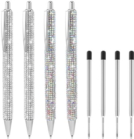 Bremorou 4 Stück Glitzer Kugelschreiber, Glitzerstift Strass Kugelschreiber, Einziehbare Diamantstifte, Metallstifte, für Frauen und Mädchen Schule Büro Bedarf Mit 4 Minen Silber