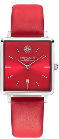 Kistanio Carre CAR-SI-RTS-L-ZRO Montre pour femme avec bracelet en cuir et date en acier inoxydable et verre saphir rouge