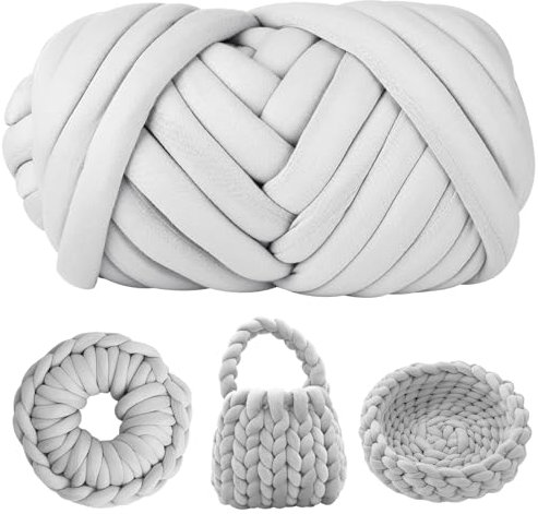 Armstricken Wolle 500g, 21m x 2,5cm Dicke Wolle Garn, Polyester XXL Chunky Yarn, Sperrige Textilgarn zum Häkeln für Körbe, Decke, Tasche und Kissen (Hellgrau)