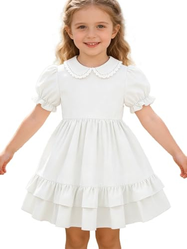 JiAmy Girls Summer Dress Kids Puff Sleeves Peter Pan Lace Collar Tiered Vintage Party School Dresses for Little Girls 3-4 Years, White