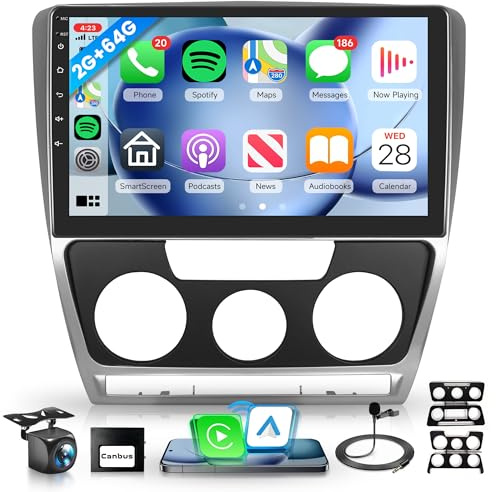 2G+64G Inalámbrico Carplay Android Radio Coche para VW Skoda Octavia 2007-2014 10 Pulgadas Radio Coche con Inalámbrico Android Auto GPS Navi WiFi Mirror Link Bluetooth FM/RDS/EQ/USB/SWC Cámara Trasera
