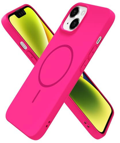 oakxco for iPhone 14 iPhone 13 Case Silicone Mag Safe, Magnetic Slim Thin Phone Case Compatible with Magsafe Wireless Charging, Cute Girly Bright Fluorescent Rubber Gel for Women Girls, Neon Hot Pink