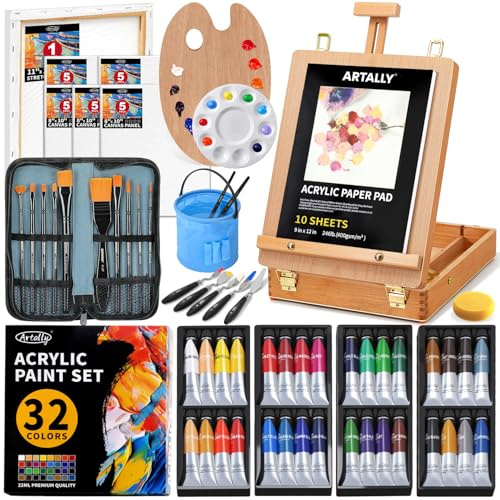 66-teiliges Acrylmalset mit Tischstaffelei, 32 Acrylfarben (je 22 ml), Pinselset mit Etui, Leinwänden – Komplettes Künstlerbedarfset für Erwachsene, Künstler und Anfänger