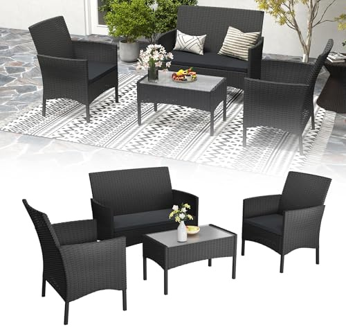 UISEBRT Polyrattan Gartenmöbel für 4 Personen inkl. 1 Doppelsofa, 2 Einzelsofas, 1 Tisch mit Glasplatte&Sitzkissen,Outdoor Lounge Wetterfeste Balkonmöbel für Terrasse, Garten, Balkon-Weißes Glas