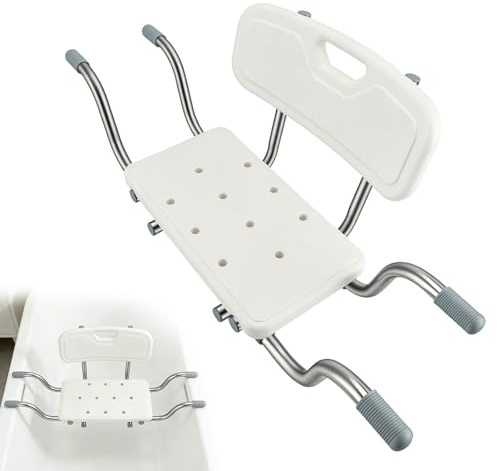 Badewannensitz Senioren mit Rückenlehne, Verstellbare Duschsitz Duschbank (77-87cm) Bis 150kg Tragkraft, Badebrett mit rutschfeste Gummifüße & Handgriffe, Weiß