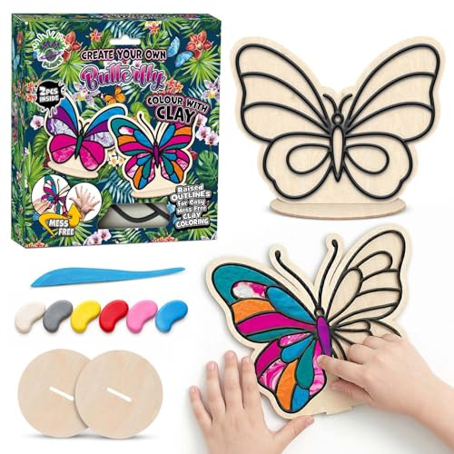Splat Planet Schmetterlings-Knete-Malset für Kinder – 2er-Pack DIY-3D-Knete-Bastelset mit lufttrocknender Knete, sauberes Kneten, kreatives Bastelset für Kinder, Geschenkidee. Maße: 20 x 20 cm