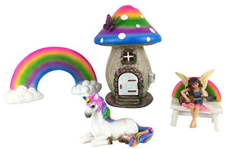 GlitZGlam Miniatur Regenbogenpilz-Feenhaus - fünfteiliges Set - EIN Miniaturfeenhausset für Ihren Feengarten