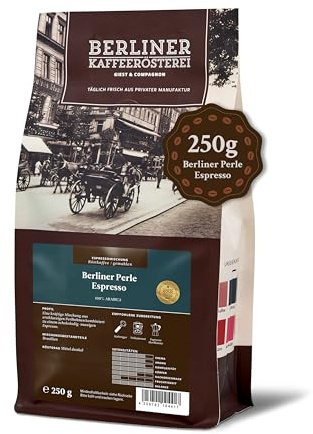 Berliner® Espresso Gemahlen (250g) - Seltene Perlbohnen für kräftige, schokoladig-nussige Röstung - Intensiver Genuss im italienischen Espresso-Stil - Aromarad für Feinschmecker - Made in Germany
