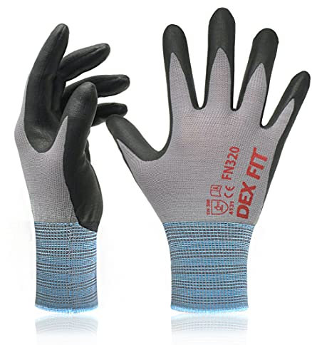 DEX FIT Nitrile Work Gloves FN320, 3D Comfort Stretch Fit, Power Grip, Durable Foam Coated, Thin & Lightweight Premium Nylon, Machine Washable, Grey 9 (L) 3 Pairs