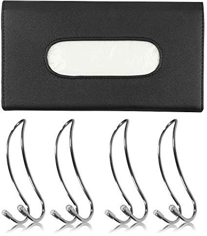1 Hanging Car Sun Visor Tissue Box with 4 Stainless Steel Car Hooks, AFUNTA PU Leather Tissue Box Holder with Clip for Truck Car Sun Visor Seat Back Door Pocket