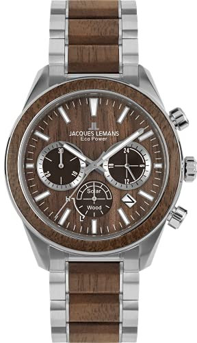 JACQUES LEMANS Holzuhr Herren, Solar Wood Herrenuhr - Model 1-2115J, Chronograph und Armband Schwarz/Hellbraun, Edelstahl mit Holzeinlage für Männer, Armbanduhr Holz Herren, Holzuhren für Herren