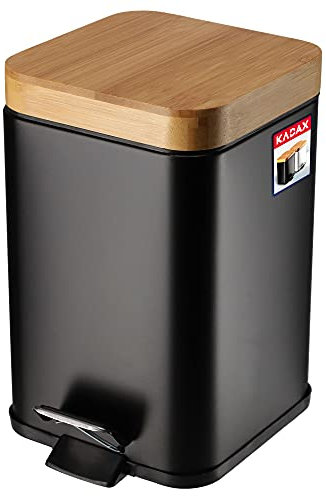 KADAX Cubo de basura de acero con recubrimiento en polvo, 3 l, con contenedor interior, pedal, descenso automático y tapa de bambú, negro