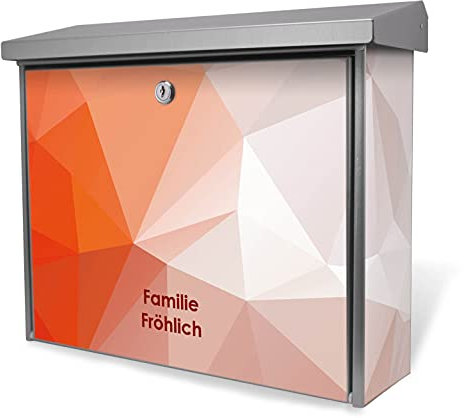 banjado® Burgwächter Briefkasten Edelstahl 38,5x31,5x12cm mit Motiv Orange Polygon/Briefkasten Edelstahl ohne Zeitungsfach/Briefkasten grau/Postkasten inkl. Montagematerial & 2 Schlüsseln