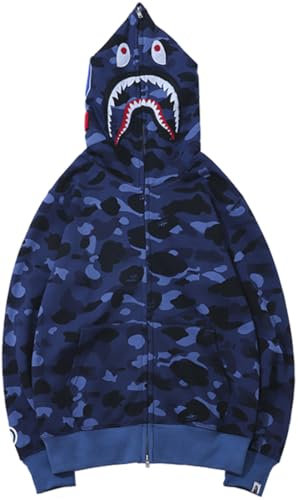 PADOLA Herren Kapuzenpullover Shark Hoodie Herren 3D Camouflage Fleecejacke Haikopf Shark Pullover Hai Jacke Winter Warm Sweatshirt mit Reißverschluss Übergangsjacke Herren (0 Dunkelblau, S)
