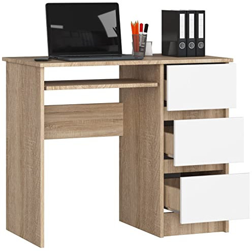 Bureau d'ordinateur avec 3 tiroirs et Un tiroir Coulissant pour Le Clavier. Un Bureau pour Un Ordinateur de Bureau ou Portable, école et Bureau pour Jeunes 90x77x50