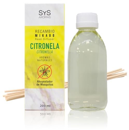 SYS Aromas Ambientador Recambio Mikado Citronela - Aroma Cítrico y Fresco Antimosquitos - Recarga Difusor con Varillas - Larga Duración - Ideal Hogar, Terraza, Jardín - 200 ml con 8 Varillas