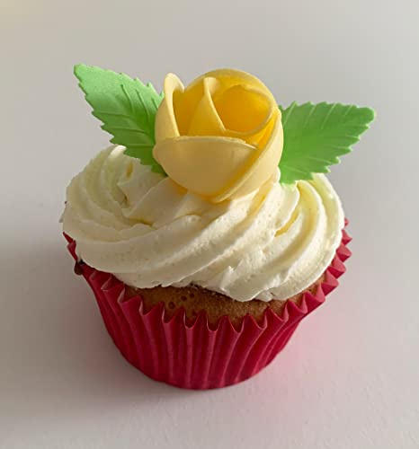12 Pretty Yellow Wafer Roses & 24 Wafer Leaves- Edible & Unique!