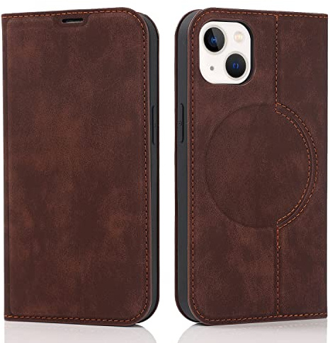 QLTYPRI Hülle für iPhone 14/13, Magnet Leder Klapphülle Stoßfest, Kaffee | Vintage PU Lederhülle, Handyhülle mit 2 Kartenfächer, RFID Schutzhülle, Standfunktion, Stoßfeste Flip Wallet Case