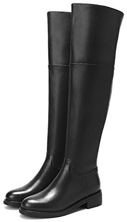 Stivali Lunghi con Tacco Basso, Stivale al Ginocchio Moda Donna, Stivali sopra Il Ginocchio in Pelle Bovina con Tacco Grosso E Punta Tonda, Stivali da Donna Caldi con Fodera in Peluche Corto (Color :