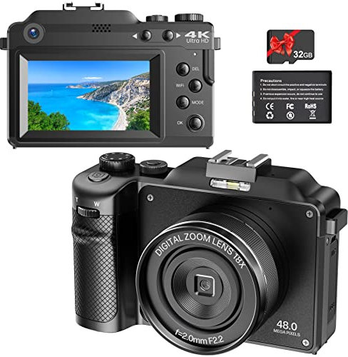 Vmotal 4K UHD 48MP Digital Camera, Vlogging Camera for YouTube, 18x Digital Zoom, Auto Focus, Wifi, 32GB SD Card, Black