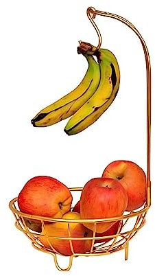 Metal Fruit Basket Holder with Banana Hanger Hook Kitchen Countertop Fruit Vegetables Rack Bowl Metal Storage Holder for Storing & Organizing Fruit Vegetables Eggs Breads Fruit Tree (GOLD)