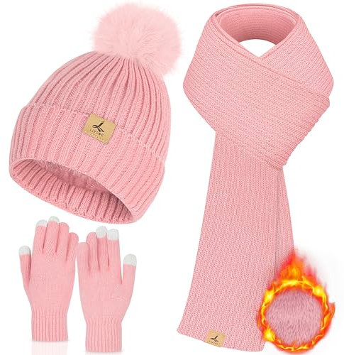 LOROME Damen Winter Beanie Mütze Schal Handschuhe Set Fleece Strick Pompon Mütze Warm Halstuch Touchscreen Handschuhe Winter Geschenk, Pink, 12.2*8.27 inch