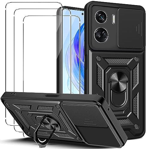 KUSINHOKA Coque pour Honor 90 Lite avec entille Coulissante Couverture et Support Rotatif + [3 Pièces] Verre Trempé, Étui de Protection de Qualité Militaire [Antichoc] Rigide Housse, Noir