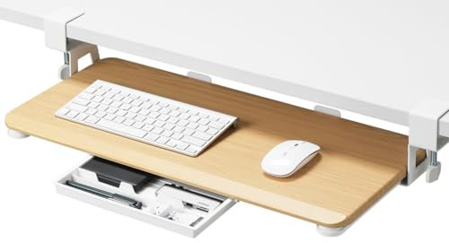 ETHU Büro-Tastatur-Schubladen, Tastaturschublade 65 x 30 cm mit C-Klemmhalterung, Unter dem Schreibtisch Ausziehbar, Ergonomische Tastaturauszug für Zuhause & Büro, Oak