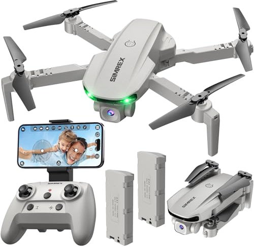 SIMREX Drone With 1080P Camera for Kids Adults, Mini RC Quadcopter Foldable, One Key Start, Waypoint Fly, Headless Mode, Auto-Follow, 3D Flip, 3 Speeds, 2 Batteries, Easy for Beginners, Grey