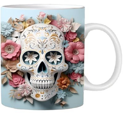 ZONEWD Floral Skull Mug 350ml Funny Skull Coffee Cups Halloween Day of The Dead Decorations Floral Skull Ceramic Mug