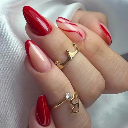 Ceboic 24Pcs Amande Faux Ongles Court, French Press on Nails avec Ondulation Rouge, Brillant Ovale Couverture Complète Acrylique Fake Nails pour Femmes et Filles Nail Art Décoration