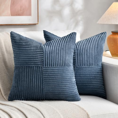 FDTERN 2er Set Denim Blau Kordsamt Kissenbezug 35x35CM Weich Moderne Dekorative Kissenbezüge Kissenhülle Dekokissenbezug Sofakissen Dekokissen Boho Deko für Sofa Schlafzimmer Wohnzimmer Balkon