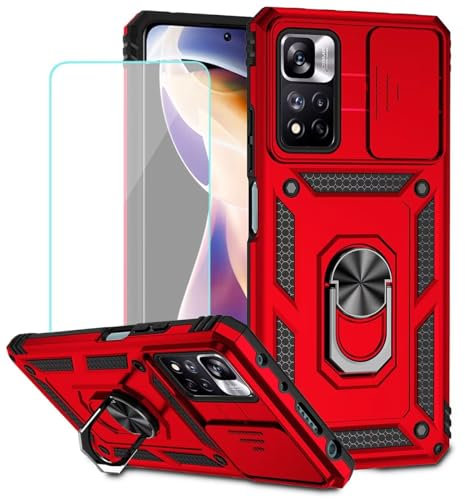 Jhxtech for Redmi Note 11 Pro 4G/5G/Redmi Note 11E Pro Case with Tempered Glass Screen Protector and Slide Camera Cover, Magnetic Ring Car Mount Holder Cover for Xiaomi Redmi Note 11 Pro 5G Red