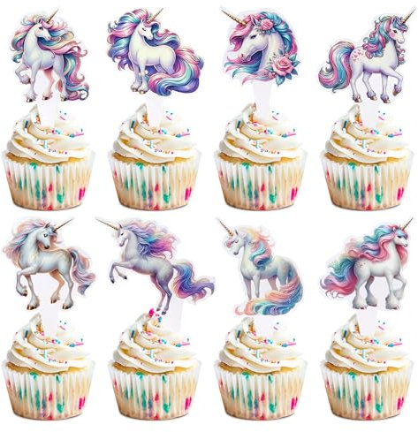 Blumomon 32 Stück Dual Front Unicorn Cupcake Toppers Farbiges Einhorn Kuchen Topper Picks Babyparty Dekoration Zubehör Party Dekoration Supplies