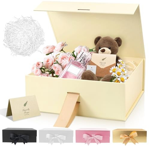 Cremefarbe Luxus Mittlere Magnet-Geschenkbox, 22 * 16.5 * 8cm Geschenkbox mit Band, Papier& Grußkarte Party Favor Box für Hochzeit, Geburtstag & Muttertag