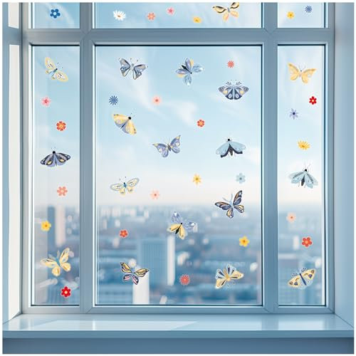 Yabaduu Fensterbilder 3x DIN A4 Bögen Fensterfolie Sticker für Kinder Badezimmer Kinderzimmer Wohnzimmer Aufkleber Fensteraufkleber wasserfest Y076 (14 Motten)