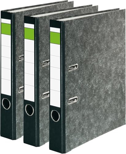 Papiertiger Ordner Nature mit farbigem Rücken aus Graukaton im Wolkenmamor Design, Rückenschild klassisch grüner Balken (Nature (Wolkenmamor), Schwarz, 3 Stück | 5cm schmal)