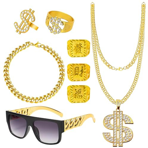 RoserRose 8er-Set Zuhälter Kostüm, 80er 90er Jahre Accessoires Herren, Hip Hop Rapper Kostüm Kette Gold, Gangster Goldkette Sonnenbrille Dollar Kette Ring für Karneval Fasching Halloween