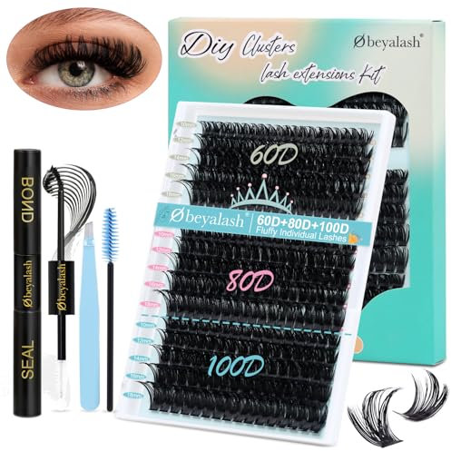 Fluffy Kit Extension Cils Faux Cils Individuel Kit Cils a Cils Extension 60D+80D+100D Lashes Glue Bond and Seal DIY D Curl Extension Cils Kit by Obeyalash (275pcs D Curl 10-18mm)