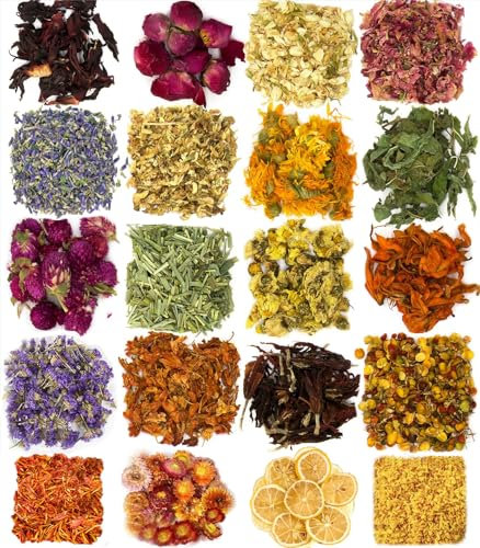 20Tipi di Fiori Secchi Erbe e Fiori Secchi Set Fiori Multipli Naturali Profumi di Boccioli di Rosa Lavanda Gelsomino Crisantemi per Produzione di Candele Sapone Gioielli in Resina Aroma Bombe da Bagno
