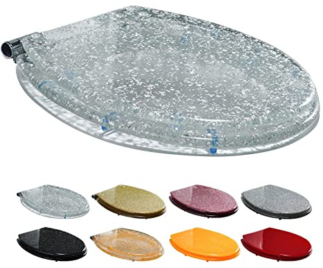 GLETSF Toilet Seat, Soft Close Toilet Seat with Adjustable Stainless Steel Hinge, Glitter Toilet Seats with Quick Release, for Family Bathroom/Gold/Gold Starlight.Gold-Silver Fo