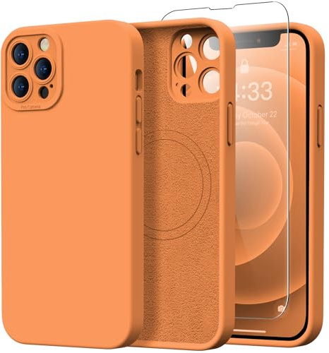 Kiresen Magnetic for iPhone 13 Pro Max Case with Screen Protector - Wireless Charging Compatible - Upgraded Camera Protection - Silicone Protective Phone Case for iPhone 13 Pro Max - Papaya Orange
