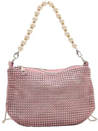 AiNinXun Tasche Glitzer Damen Strass Clutch Mit Kette Abendtasche Glitzer Handtasche Klein Elegant Tasche Perlen Brauttasche Damen Schultertasche für Abend Prom Hochzeit Party (Rosa)