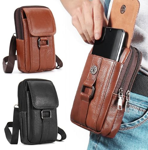 Hwtcjx Étui de Ceinture Pochette Téléphone Holster, Grande Pochette Smartphone, Sacoche Ceinture Homme Portable, Sac Bandoulière Homme, Multi-usages Taille Sac (Brun Jaune)