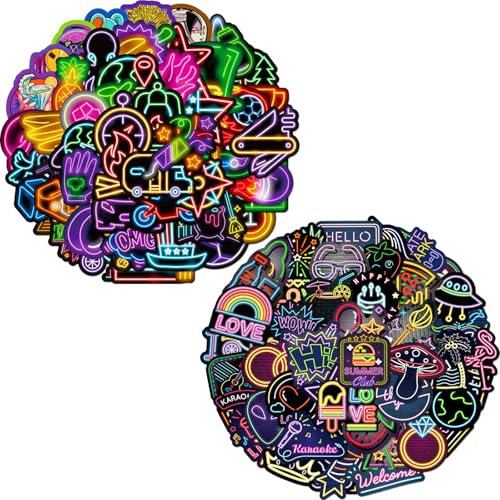 100 Stück Neon Graffiti Aufkleber Pack - Wasserdichte Vinyl Decals für mehrere Oberflächen Ideal für Laptop, Telefon, MacBook, Roller, Scrapbook, Journal, Planer, Skateboard, Gitarre und mehr