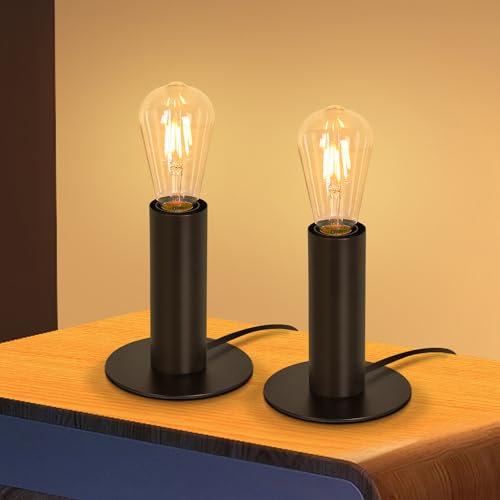 GBLY 2× Nachttischlampe Vintage Tischlampe E27: Tischleuchte Schwarz MAX.40W mit Stecker inkl. Schalter Nachttischleuchte Industrial Retro Nachtlampe für Schlafzimmer Wohnzimmer - Ohne Leuchtmittel