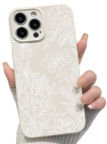 NITITOP Compatible with iPhone 13 Pro Case Cute Aesthetic Floral Flower Rose Line Pattern for Women Girl Trendy Slim Fit TPU Silicone Shockproof Full Camera Protection Cover - White
