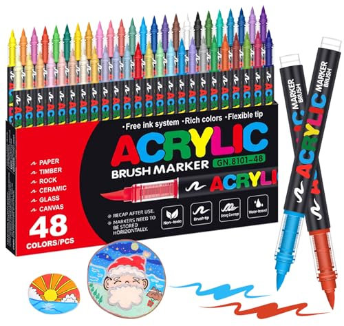 Laconile Juego de 48 rotuladores acrílicos de pintura acrílica para pintura de roca, cerámica, vidrio, piedra, tela de metal, bolígrafos de pintura acrílica a base de agua con punta de pincel flexible